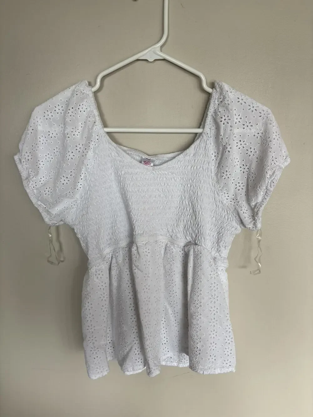 Justice Girls XL Plus 16P 18P White Eyelet Peplum Top Smocked Puff Sleeve